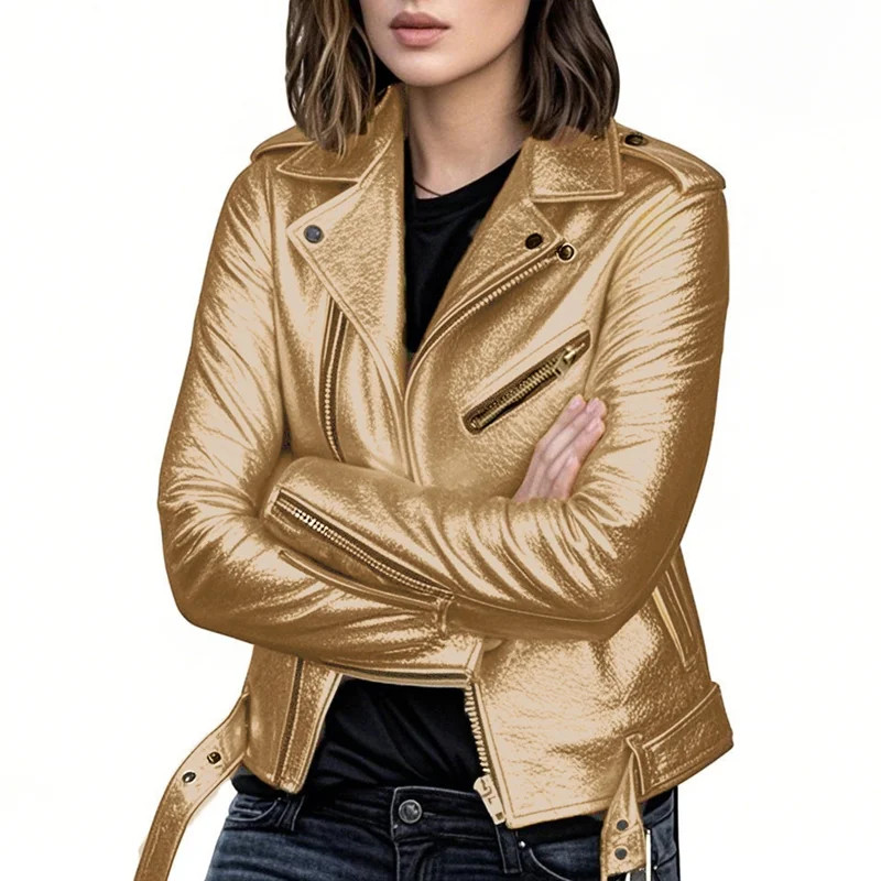 Faux Leather Jacket for Women, Vegan Jackets Moto Biker Motocycle Coat Gold L | Walmart (US)