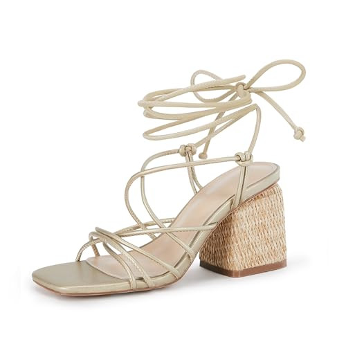 PiePieBuy Women's Lace Up Chunky Braided Heel Sandals Square Toe Strappy Ankle Strap Heels | Amazon (US)