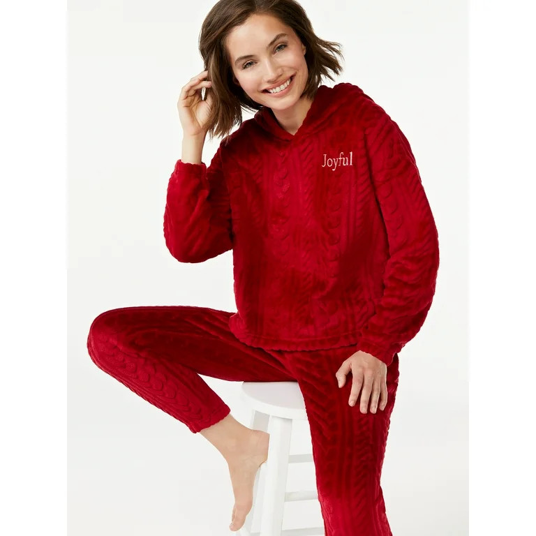 Joyspun Women's Plush Cable Long Sleeve Hooded Top and Pants Pajama Set, 2-Piece, Sizes up to 3X ... | Walmart (US)