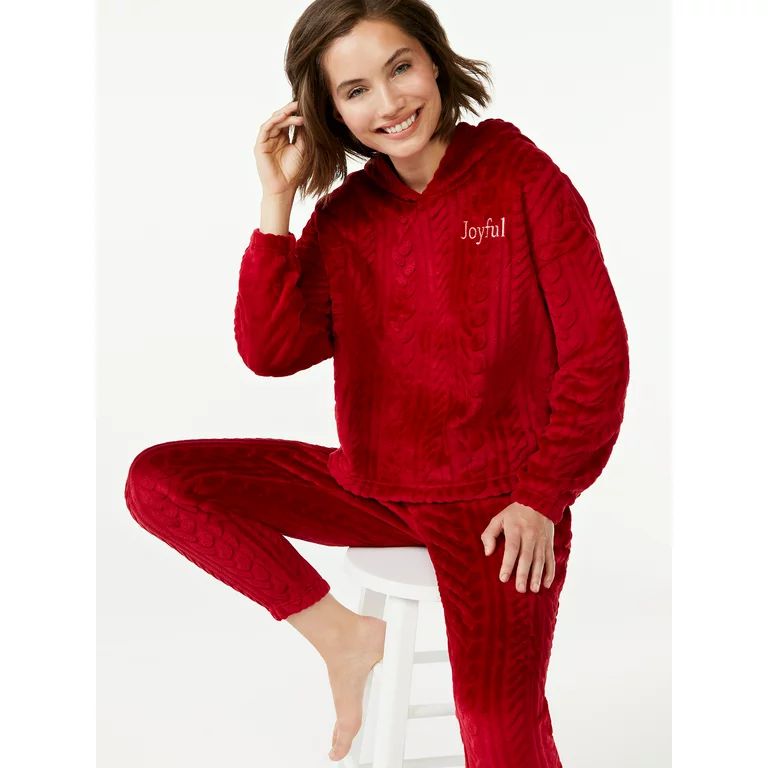Joyspun Women's Plush Cable Long Sleeve Hooded Top and Pants Pajama Set, 2-Piece, Sizes up to 3X | Walmart (US)