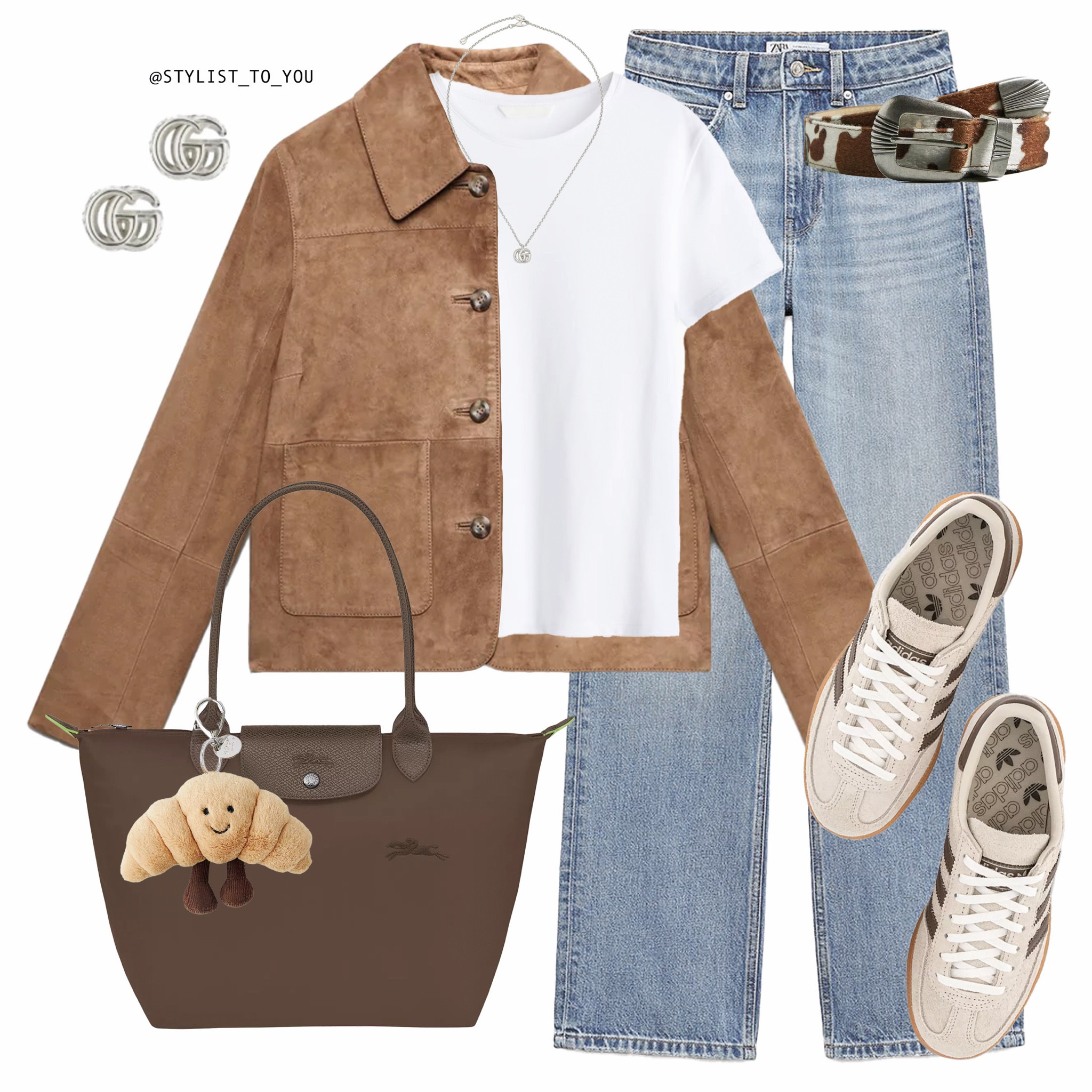 Cow print is the new leopard print 🐄

A chic and casual outfit flat lay featuring a brown suede button-up boxy short jacket layered over a classic white t-shirt, paired with high-waisted light-wash denim jeans. Accessories include a cow-print belt with a silver buckle, silver Gucci logo stud earrings, a delicate silver necklace, and a brown Longchamp large tote bag with a Jellycat plush croissant keychain. The look is completed with beige Adidas sneakers with brown stripes for a stylish, effortless feel. Pinterest inspired, spring trends, bag charm, tiktok trends, casual chic, suede jacket, effortless style, denim outfit, neutral tones, spring fashion, modern classic, elevated basics, street style edit, relaxed elegance, timeless wardrobe, fashion essentials, weekend style, polished casual, cow print details, statement accessories, sneaker styling, Parisian vibes, versatile fashion, sophisticated minimalism, cozy yet stylish, urban chic, relaxed glam, mix and match, contemporary style, everyday elegance, soft neutrals, fashion layering, street style inspo, minimalist aesthetic.

#LTKgiftguide #LTKspring #LTKstyletip