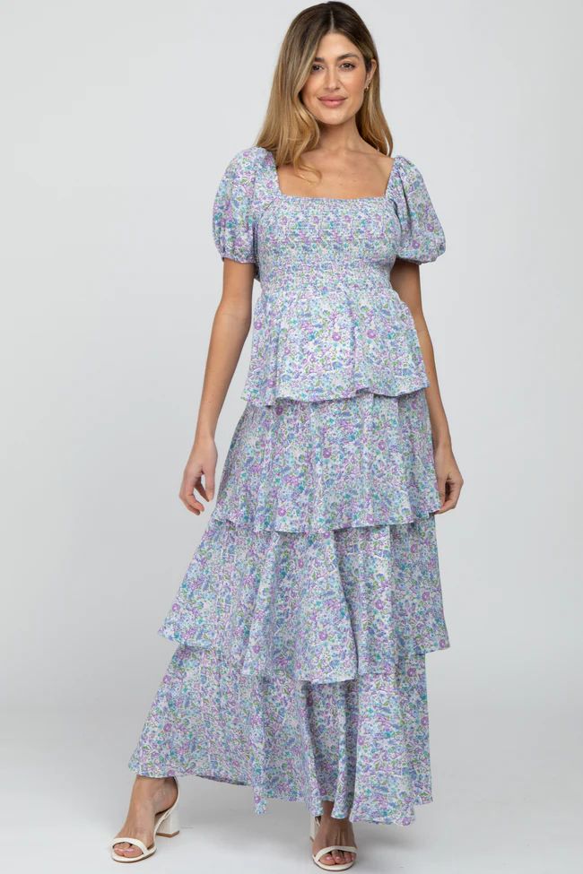 Blue Floral Square Neck Ruffle Layered Maternity Maxi Dress | PinkBlush Maternity
