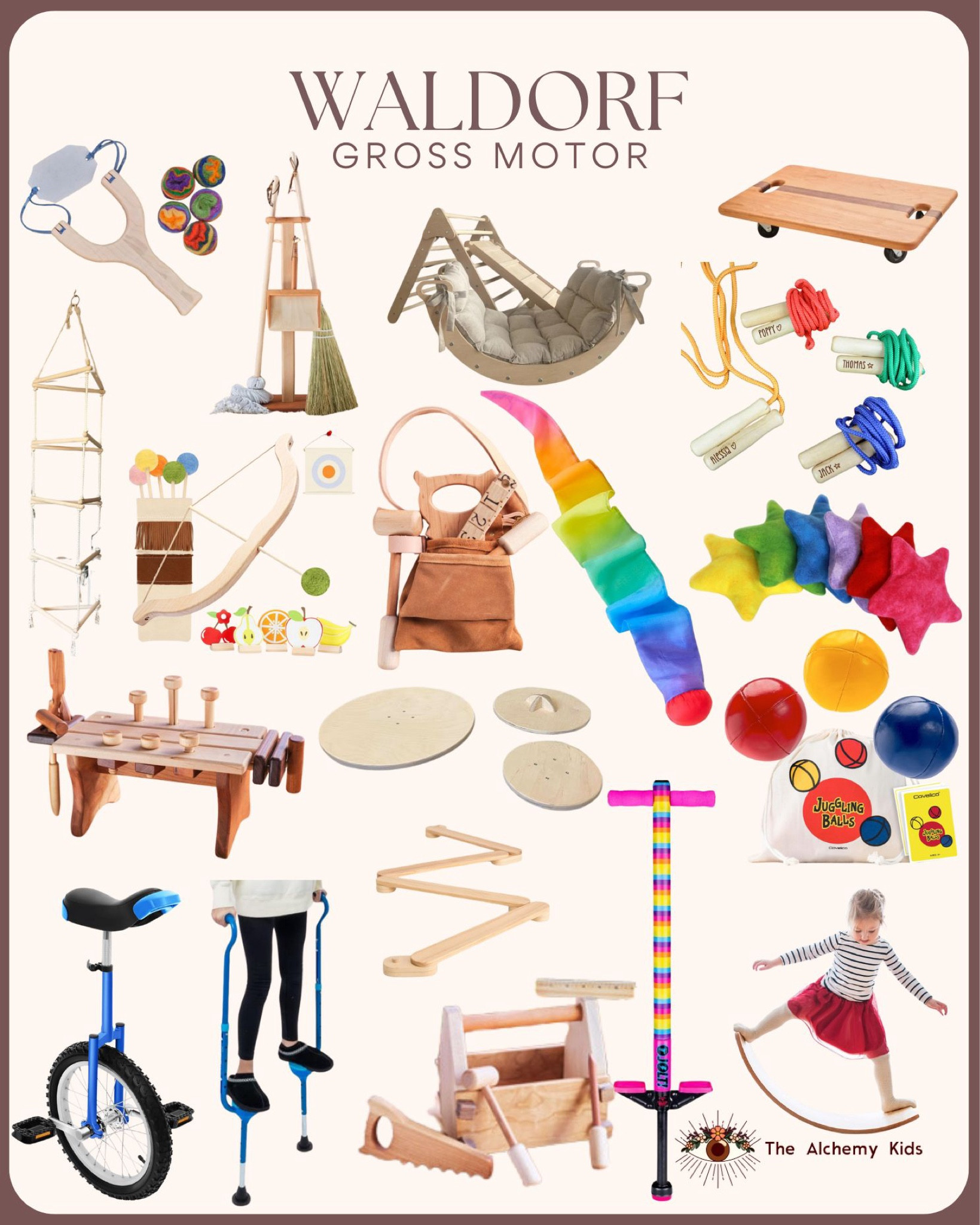 Waldorf Gross Motor Play ✨

Encouraging movement, coordination, and balance through play is essential for a child’s development. This selection of gross motor toys is perfect for active little learners!

What's included? 🪜
🔹 Wooden stilts, balance boards, and a unicycle for coordination
🔹 Wooden slingshot and bow & arrow for hand-eye coordination
🔹 Juggling balls and jump ropes for agility
🔹 Rocking balance toys and climbing structures for strength
🔹 Play tools and workbenches for hands-on learning

These Waldorf-inspired toys promote movement, creativity, and skill-building in a natural and engaging way! 🌿

#WaldorfEducation #GrossMotorPlay #MontessoriAtHome #NaturalToys #WaldorfToys #ChildDevelopment #PlayBasedLearning #MontessoriInspired #ActiveKids #OpenEndedPlay #FineMotorSkills #WoodenToys #OutdoorPlay #KidsActivityIdeas #HomeschoolingMom #EcoFriendlyToys #ToddlerActivities #SensoryPlay #BalanceTraining #HandEyeCoordination #MovementMatters #MotorSkillsDevelopment

#LTKKids