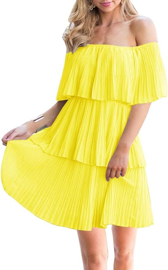 Soesdemo Women's Casual Off The Shoulder Sleeveless Tiered Ruffle Pleated Short Party Beach Dress | Amazon (US)