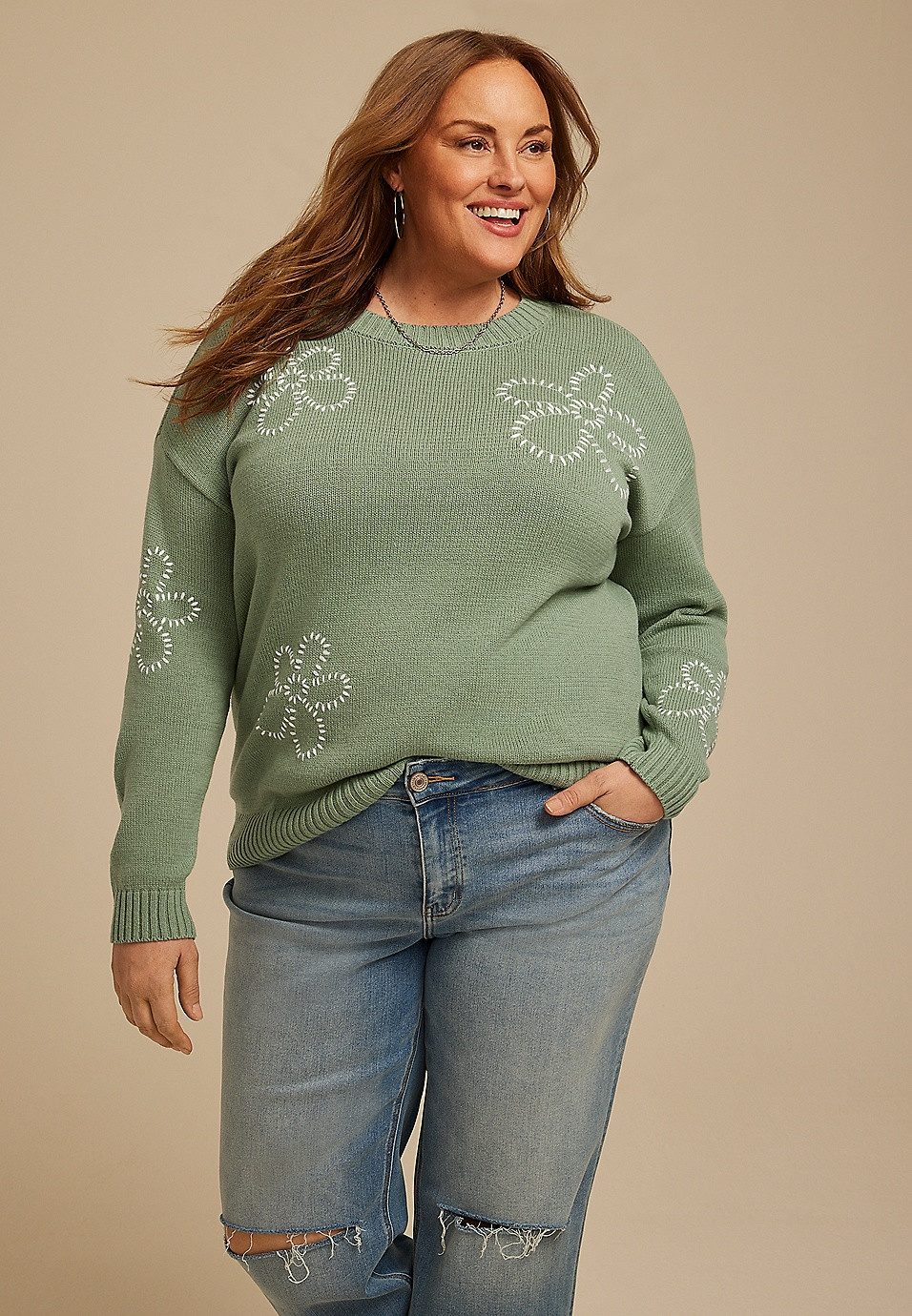Plus Size Floral Whip Stitch Crew Neck Sweater | Maurices