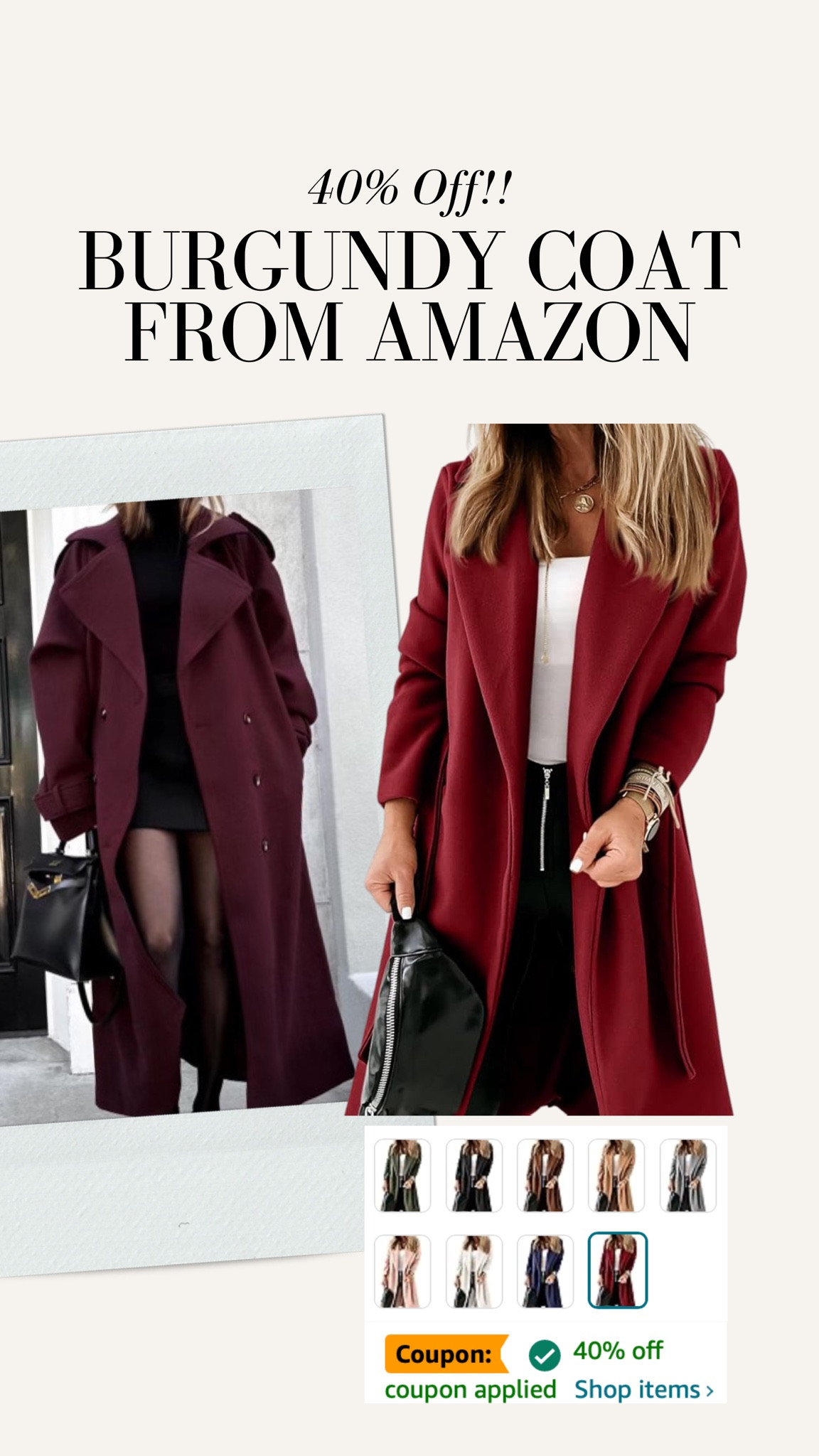 Amazon burgundy coat with a 40% off coupon! Comes in a bunch of colors, true to size I wear small 

Fall coat, fall trend, wool coat, fall style, fall outfit 

#LTKSaleAlert #LTKSeasonal #LTKStyleTip
