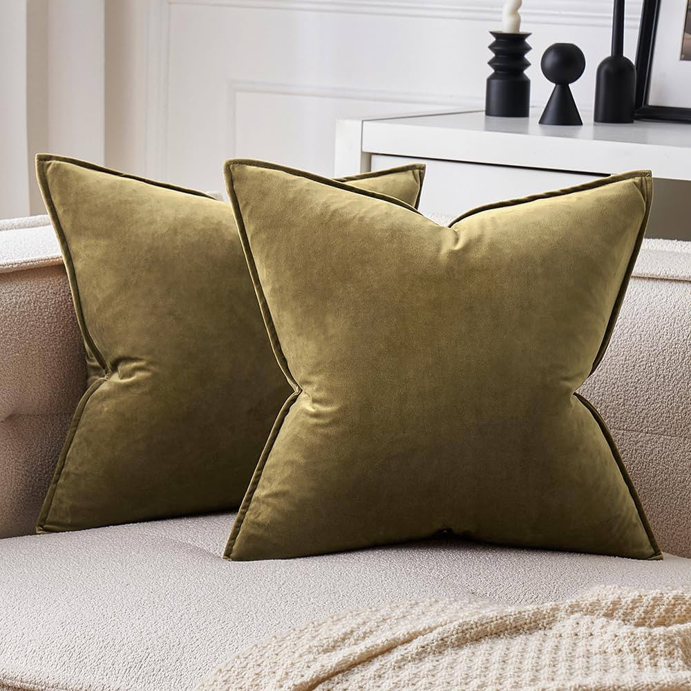 MIULEE Pack of 2 Olive Green Decorative Velvet Throw Pillow Covers Soft Pillowcases Solid Square Eruo Sham Cushion Case for Sofa Bedroom Car 24x24 Inch | Amazon (US)