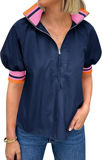 Tankaneo Womens Puff Sleeve Tops Blouse Color Block Half Zip V Neck Pullover Trendy Summer Casual... | Amazon (US)