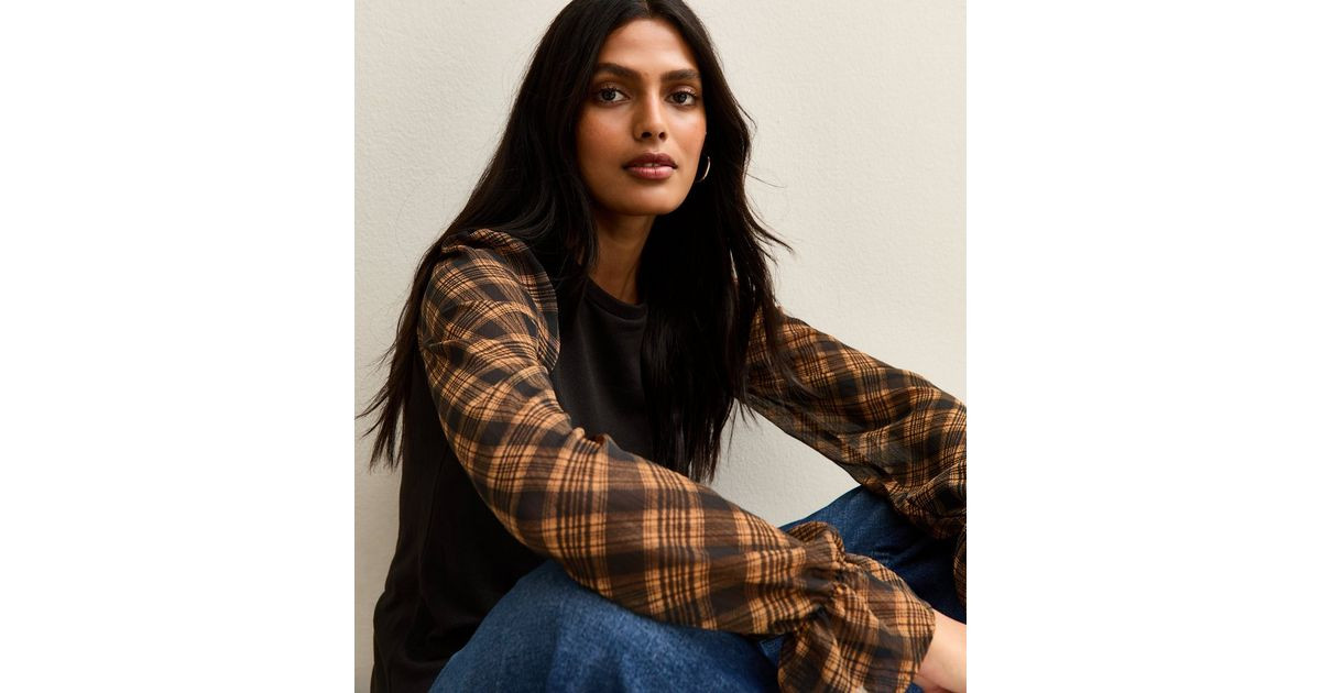 Black Soft Touch Contrast Checked Sleeve Top | New Look | New Look (UK)