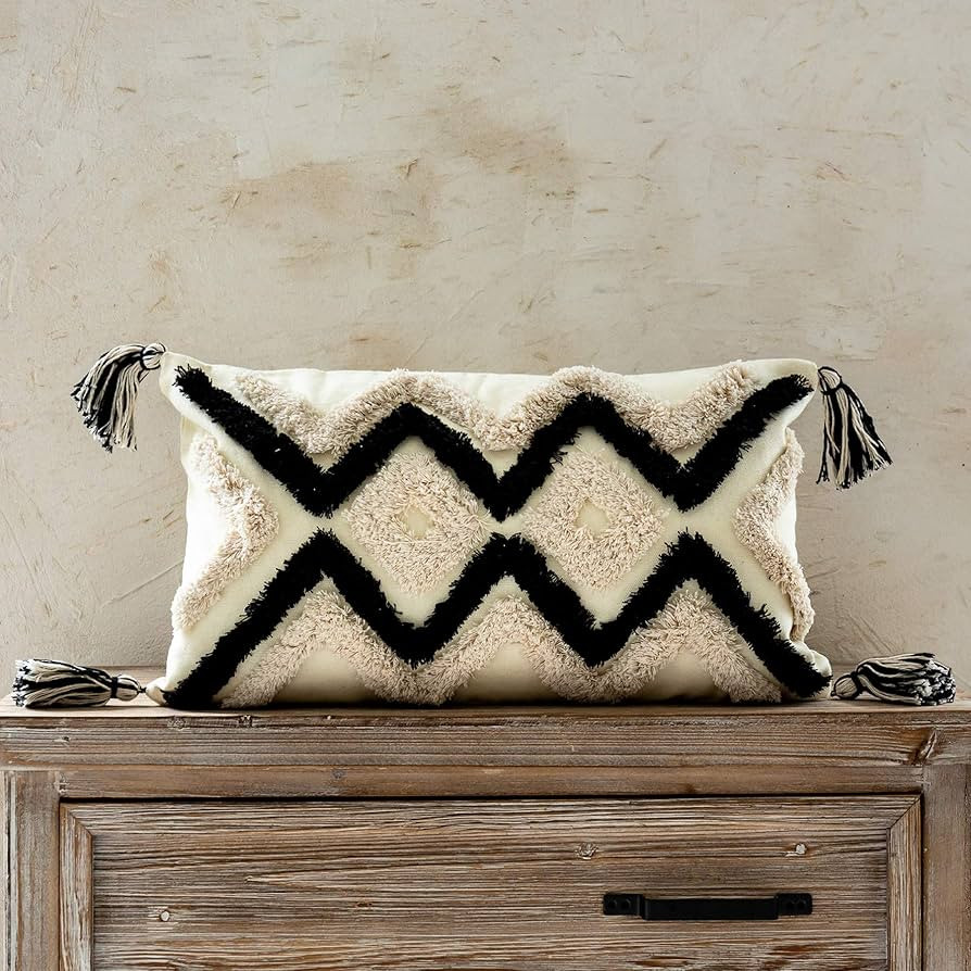 Woven Tufted Boho Lumbar Throw Pillow Cover, Modern Decorative Geometric Chevron Cushion with Tas... | Amazon (US)
