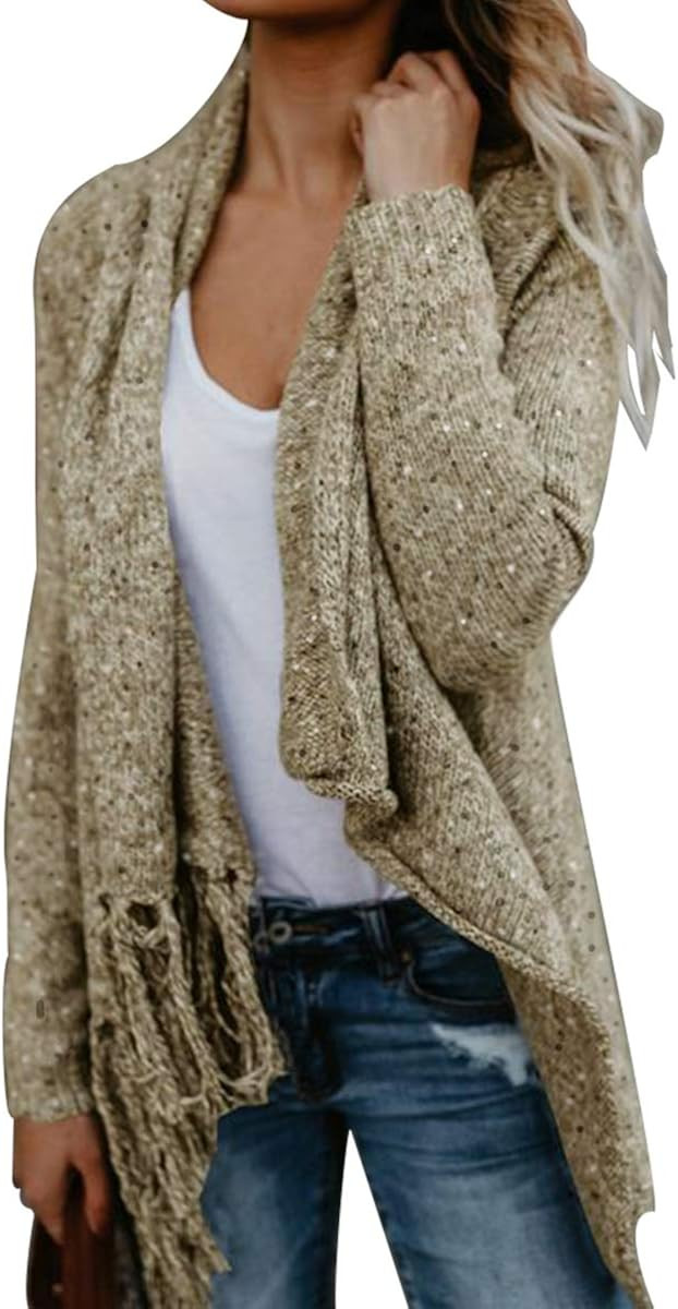 CEASIKERY Women's Tassel Hem Sweater Long Cardigan Knitwer Pullover Poncho Coat | Amazon (US)