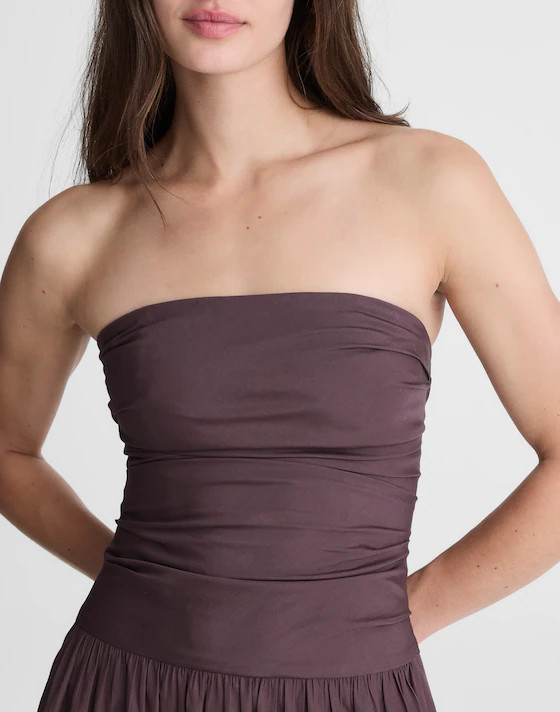 Strapless Ruched Midi Dress in Poplin | Madewell