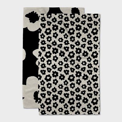 Geometry Tea Towel Set Graphite: Modern Floral Botanical Quick Dry Microfiber Kitchen Towels, 2-Piece, Off-White & Black | Target