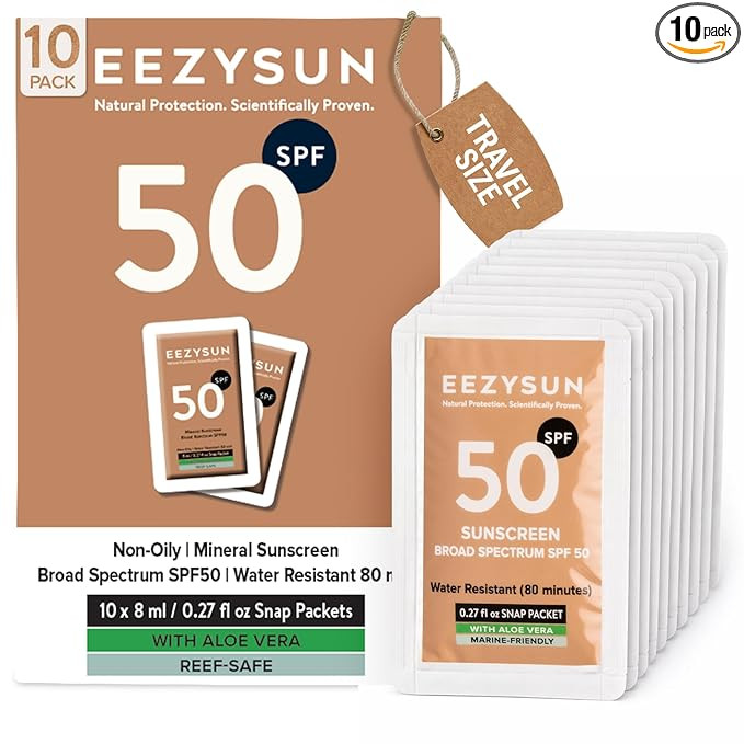 EEZYSUN Mineral Sunscreen SPF 50 Travel Size, 10 Snap Packets x 0.27 fl oz - Non-Greasy, Weightle... | Amazon (US)