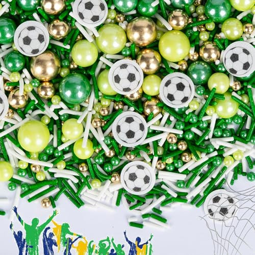 Edible Soccer Sprinkles for Cake Decorating,Food Grade 130g,Baking Sprinkle Mix for Sports & Football Theme Party,Green Gold White Pearls and Jimmies with Soccer Wafer Paper Toppers,for Cupcakes,Ice Cream,Cookies,Donut,Cake Decorations,Match Viewing Events Birthday Celebration Supplies | Amazon (US)