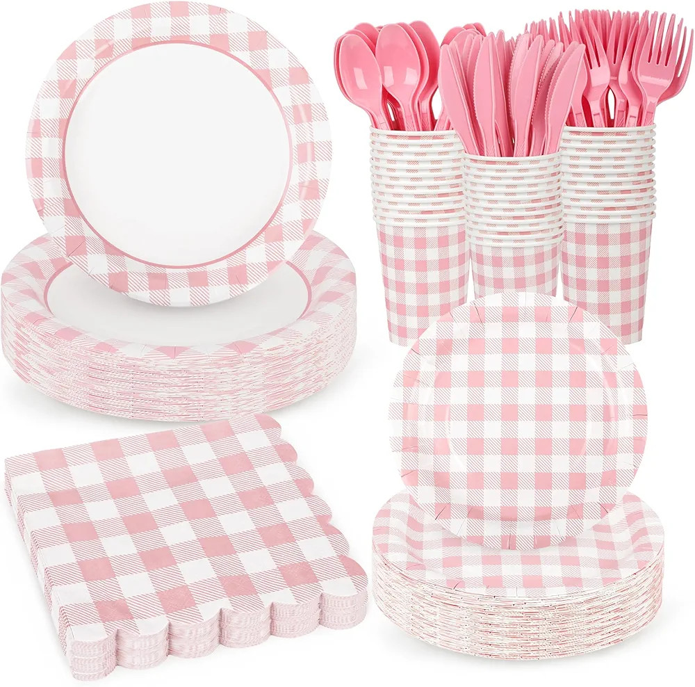 175Pcs Pink Gingham Party Supplies Pink Gingham Paper Plates and Napkins Cups Checkered Plates Di... | Amazon (US)