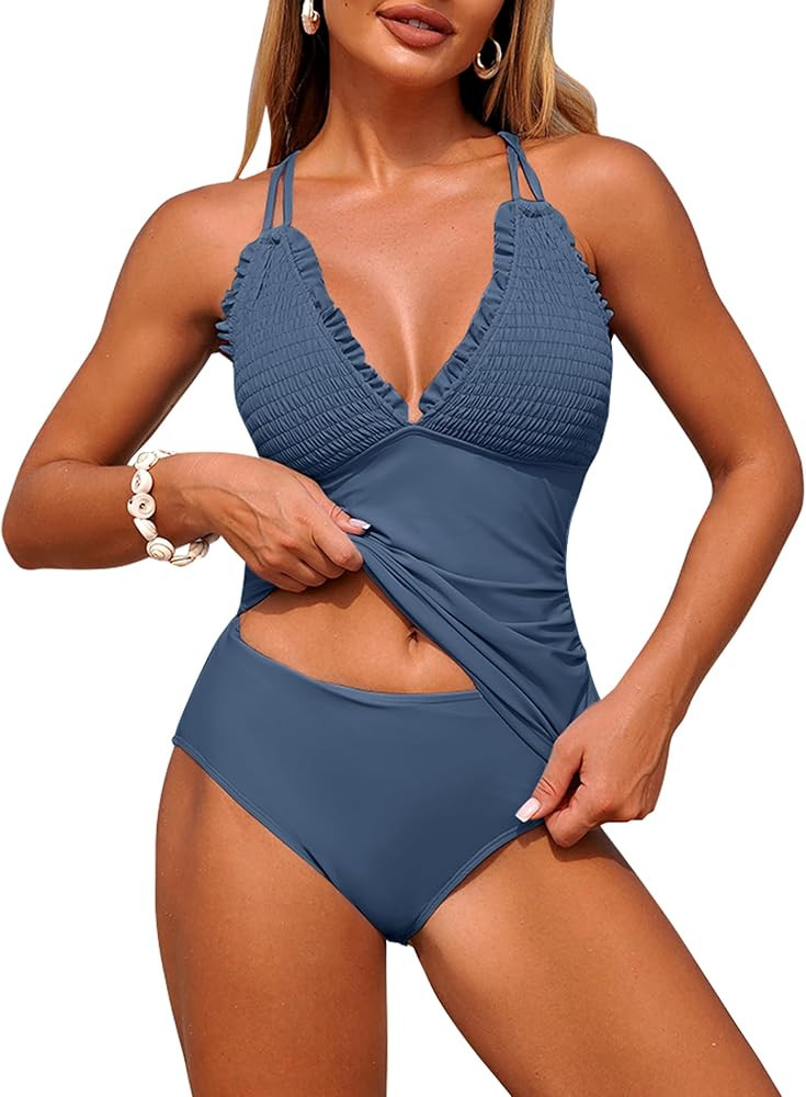 ZAFUL Womens Tankini Swimsuits Smocked 2 Piece Bathing Suits Modest Tie Back Swimwear | Amazon (US)