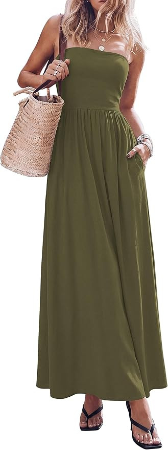 PRETTYGARDEN Women's 2026 Spring Strapless Maxi Dresses Patchwork Long Flowy Pockets Elegant Goin... | Amazon (US)