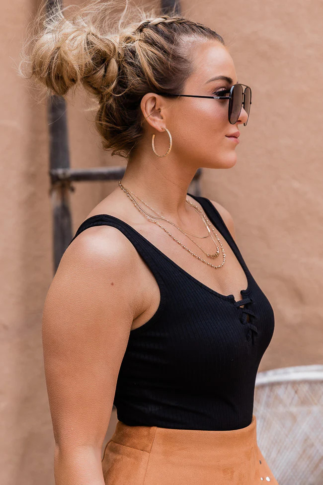 Keep It To Yourself Black Lace Up Detail Ribbed Tank Bodysuit | Pink Lily