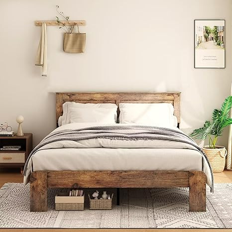 King Size Bed Frame, Rustic Vintage Platform Bed Frame with Wood Headboard and Footboard, 12 Wood... | Amazon (US)