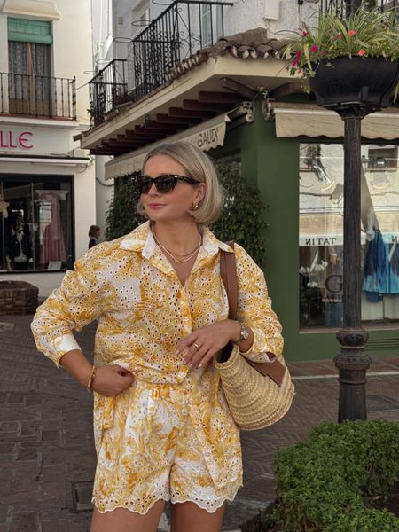 Summer holiday outfit - yellow and white broderie shirt & shorts from my Laura Byrnes x Very edit, loewe basket bag & mantra tortoiseshell sunglasses  

#LTKeurope #LTKstyletip #LTKSeasonal