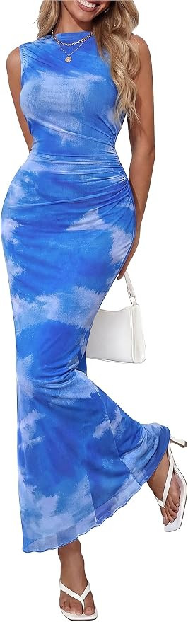 PRETTYGARDEN Summer Dresses for Women 2026 Sleeveless Bodycon Maxi Spring Mock Neck Tie Dye Mesh ... | Amazon (US)