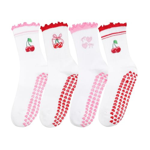 Jspupifip 4 Pairs Women Non-Slip Yoga Socks Cute Ruffle Grippy Socks for Pilates Barre Ballet Fitness Workout, Red, Pink | Amazon (US)