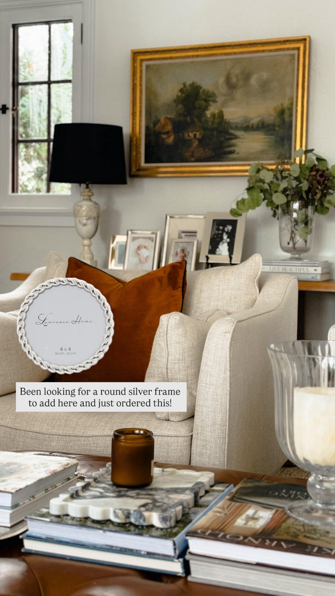 Living room corner details. Polished silver frames will make any space look chic and elegant. Just ordered this round one to add here  