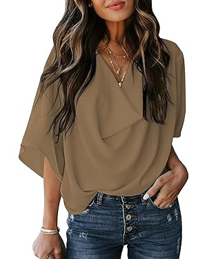 Dokotoo Womens 3/4 Sleeve V Neck Wrap Draped Front Blouses Tops | Amazon (US)