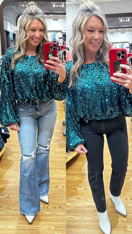 The prettiest green sequin holiday top- wearing size large as it was the only one in store. Flare jeans by flying monkey and buckle black slim fit 35 crop straight in size 26. All from Buckle. 

#LTKHoliday #LTKSeasonal #LTKGiftGuide