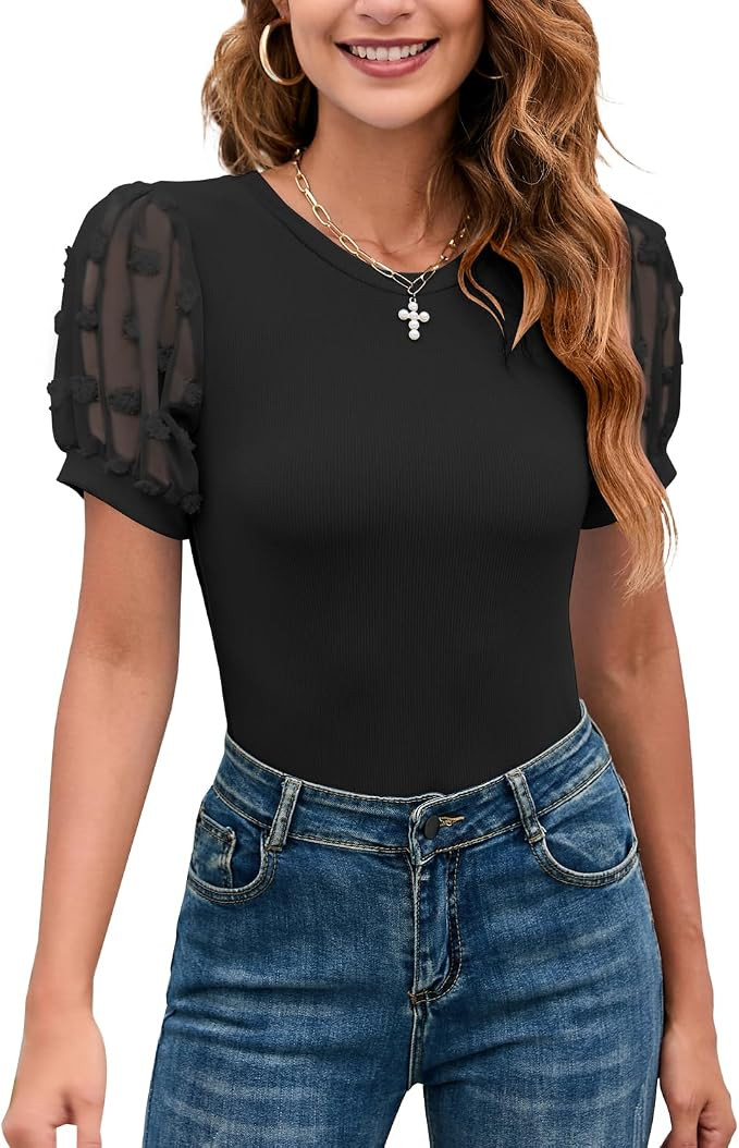 MIRALUNA Women's Round Neck Slimming Swiss Dots Mesh Puff Sleeve Bodysuit Blouse Casual Ribbed Kn... | Amazon (US)