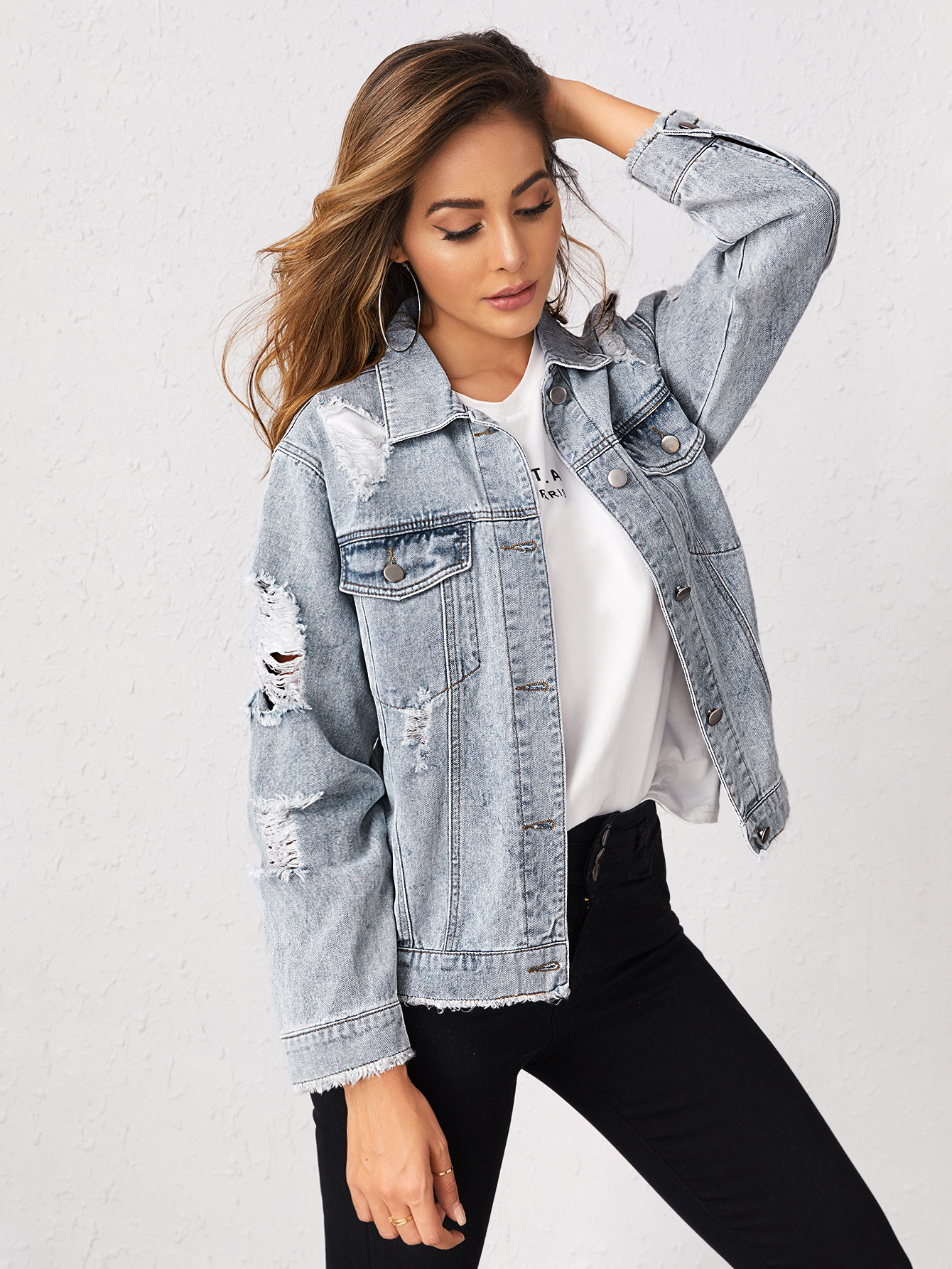 SHEIN Raw Hem Ripped Detail Denim Jacket | SHEIN