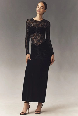 Bardot Helenie Long-Sleeve Stretch Velvet Lace Maxi Dress | Anthropologie (US)