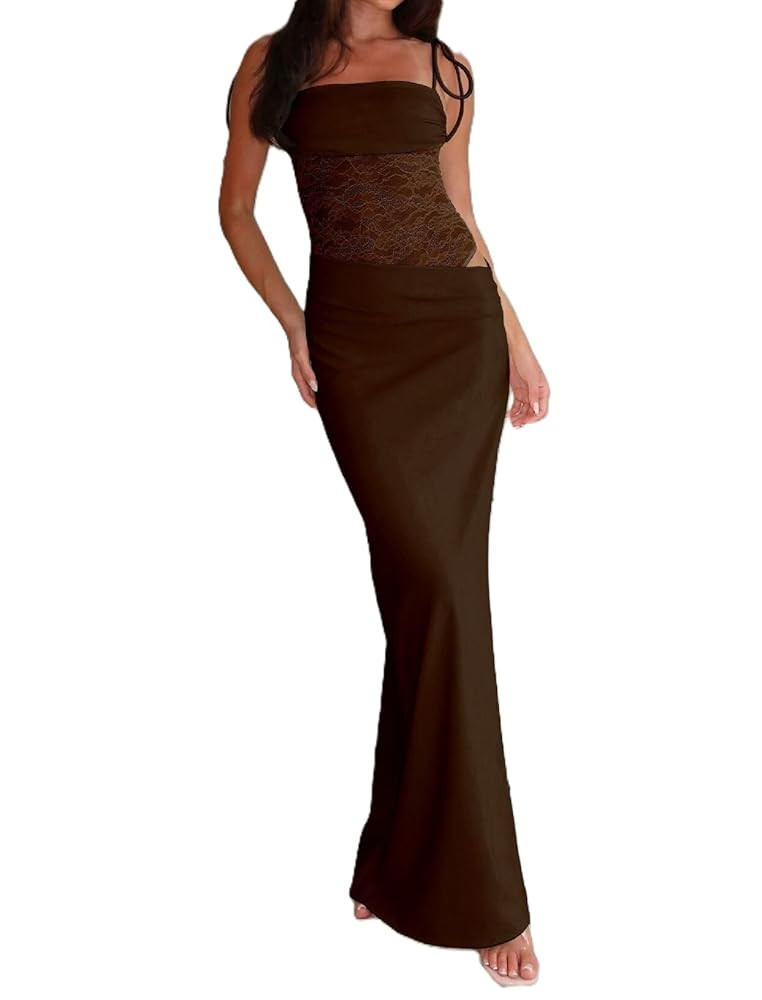 Womens Sexy Lace Patchwork Maxi Dress Square Neck Spaghetti Straps Bodycon Long Dress Cut Out Lac... | Amazon (US)