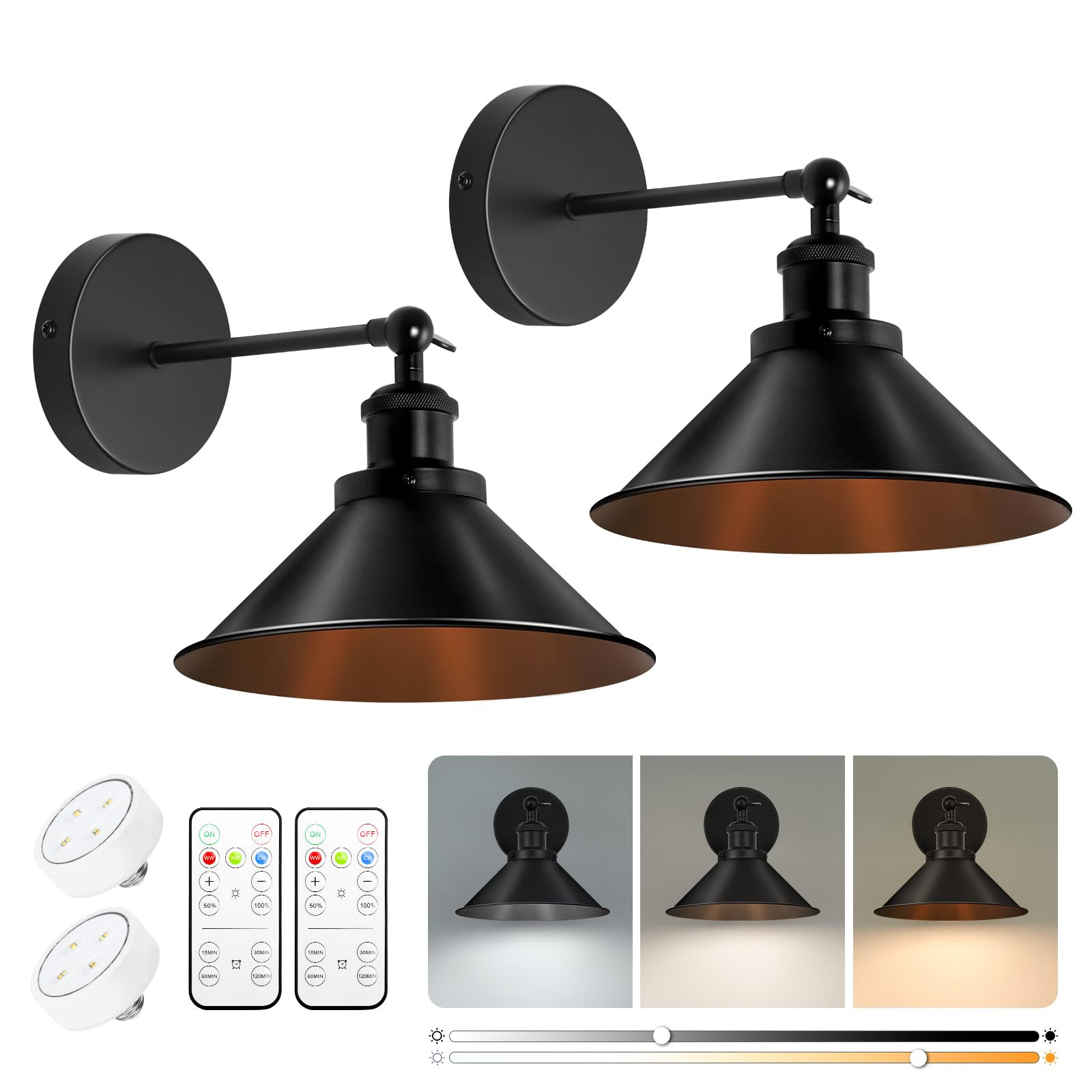 Black Battery Operated Wall Sconce, Vintage Wall Lights Battery Powered Sconces Wall Lamp Fixture... | Amazon (US)