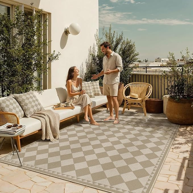 5x7 Outdoor Rug Brown/Beige Linen-Look Fabric Checkered Area Rug High Traffic Stain Resistant Eas... | Amazon (US)