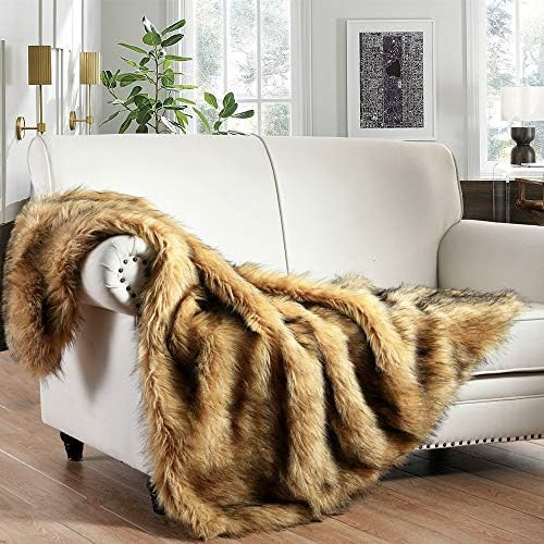 Luxury Plush Faux Fur Throw Blanket, Long Pile Golden Yellow with Black Tipped Blanket, Super Warm,  | Amazon (US)