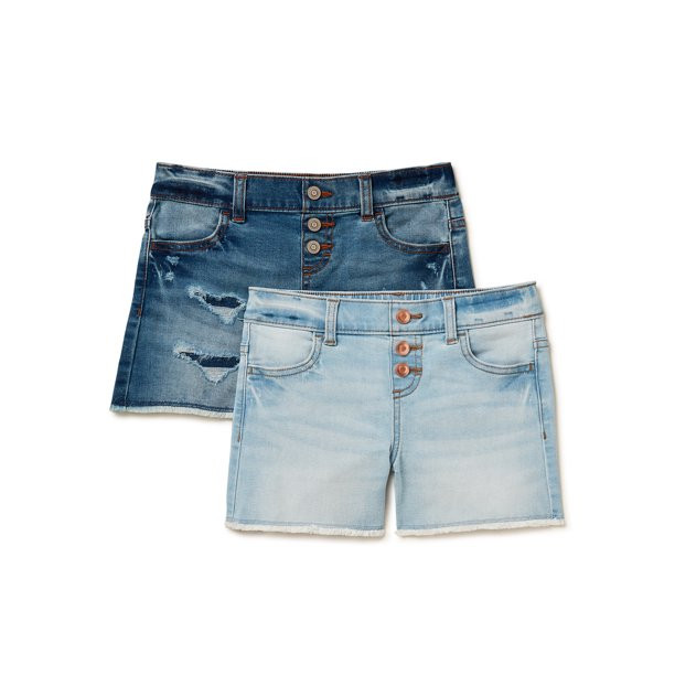 Wonder Nation Girls Pull-On Exposed Button Denim Shorts, 2-Pack, Sizes 4-18 & Plus | Walmart (US)