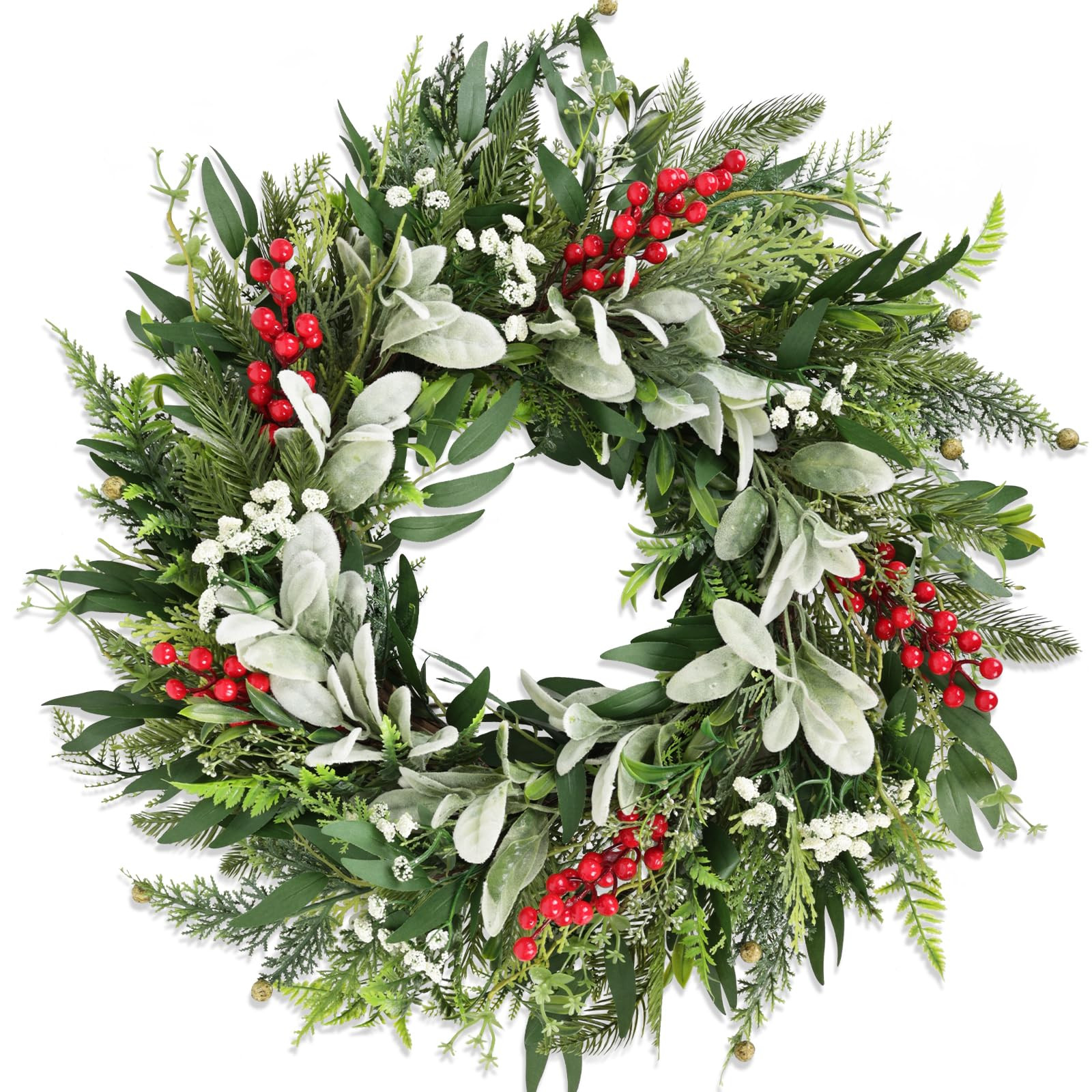 24" Realistic Christmas Wreath with Red Berries, Winter Eucalyptus Artificial Faux Evergreen Wrea... | Amazon (US)