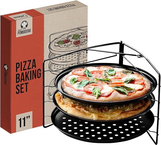 Chef Pomodoro Pizza Baking Set with 3 Pizza Pans and Pizza Rack, (11-Inch Pans), Non-stick Perfor... | Amazon (US)