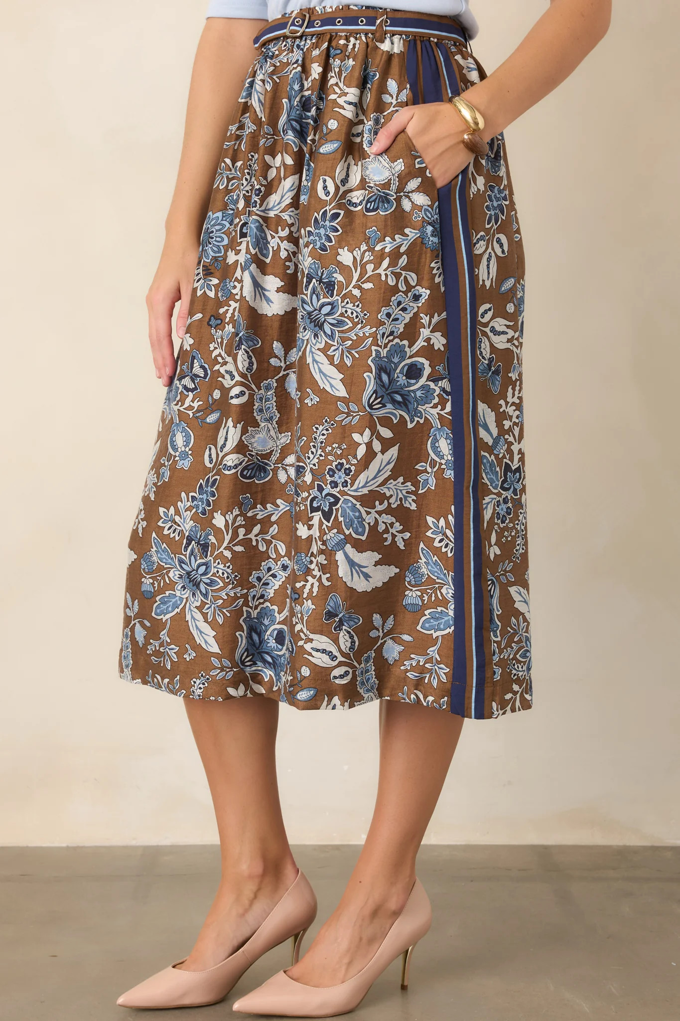 Wildflower Lane Brown Floral Belted Midi Skirt | Red Dress
