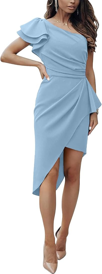 Caracilia Women's Summer One Shoulder Cocktail Dress Ruffle Wrap Ruched Bodycon Formal Dresses fo... | Amazon (US)