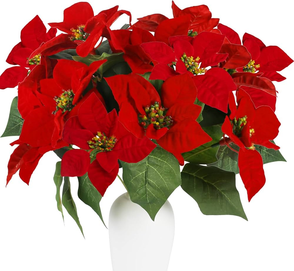 Christmas Artificial Flowers Poinsettia Christmas Decorations Fake Bushes Flower Arrangement for ... | Amazon (US)