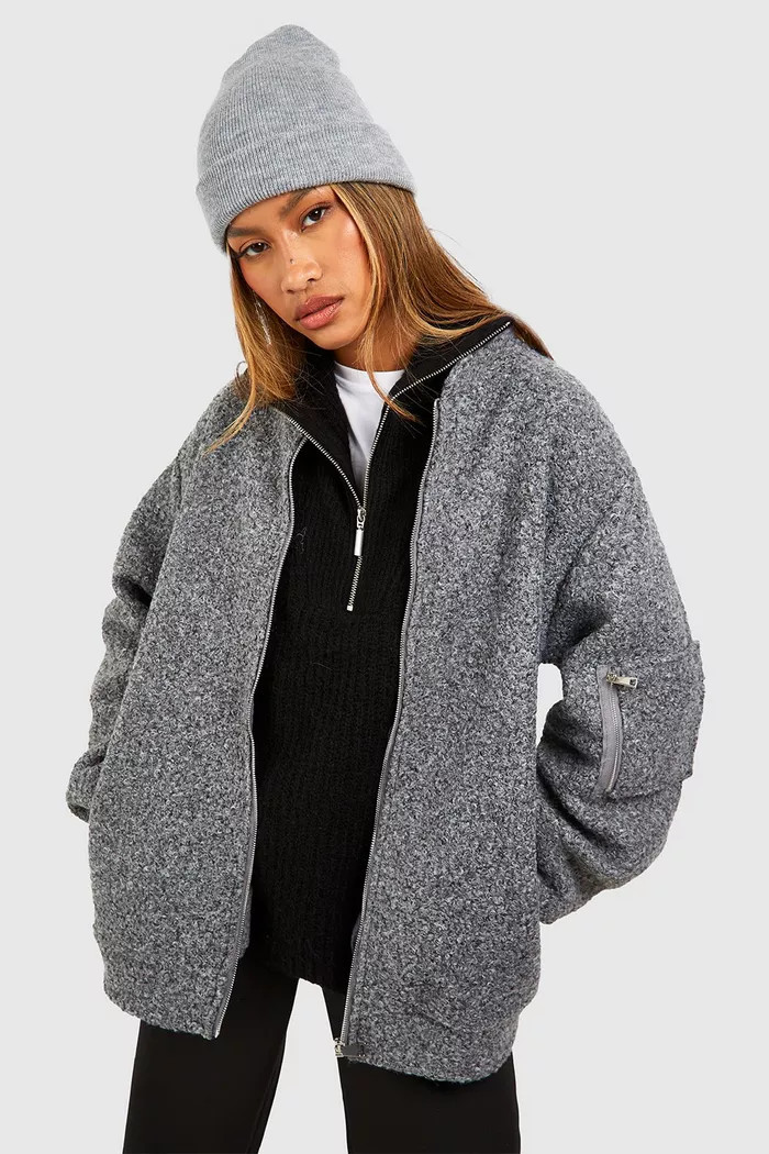 Oversized Boucle Wool Look Bomber Jacket | Boohoo.com (UK & IE)