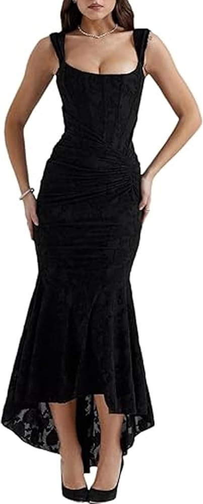 Elegant Lace Bodycon Fishtail Dress Sexy Backless Square Neck Dress Sleeveless Fishtail Ruched Wr... | Amazon (US)