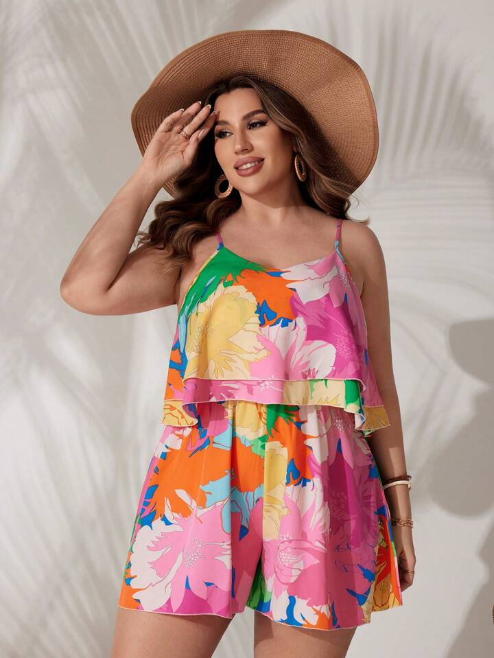 SHEIN VCAY Plus Size Women's Flower Printed Cami Romper | SHEIN