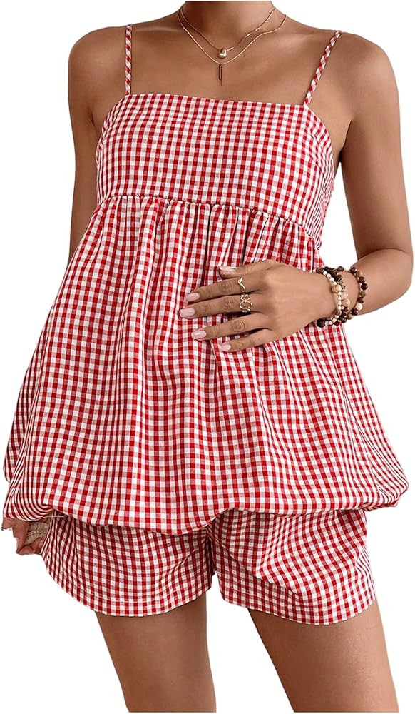 SweatyRocks Women's Maternity 2 Piece Outfits Plaid Peplum Bubble Cami Top and Shorts Sets | Amazon (US)