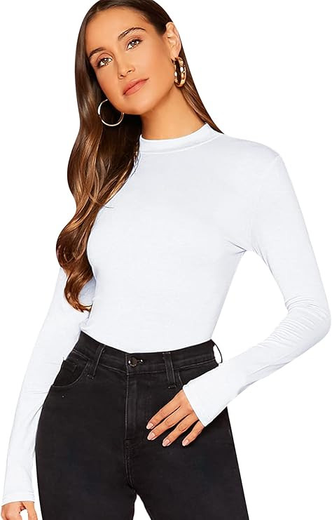 Verdusa Women's Basic Mock Neck Slim Fitted Long Sleeve Pullovers Tee Tops | Amazon (US)