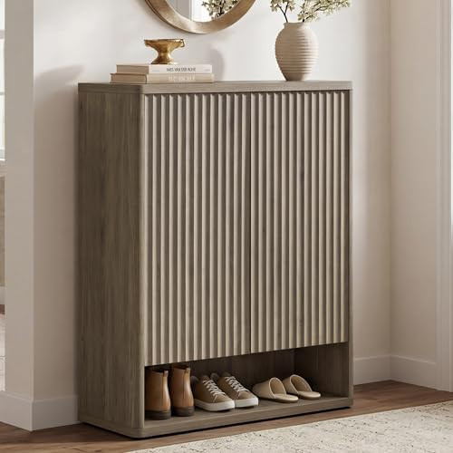 SICOTAS Shoe Cabinet 44 inch Tall Fluted Shoe Cabinet with Doors & 4 Shelves Wooden Large Hidden ... | Amazon (US)