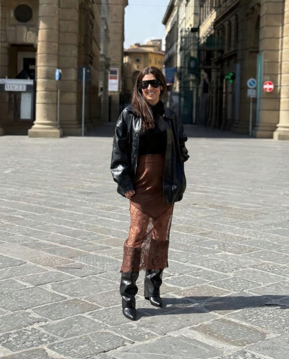 Brown silk and lace skirt
Knee high boots
Oversized leather jacket 

#LTKTravel #LTKootd